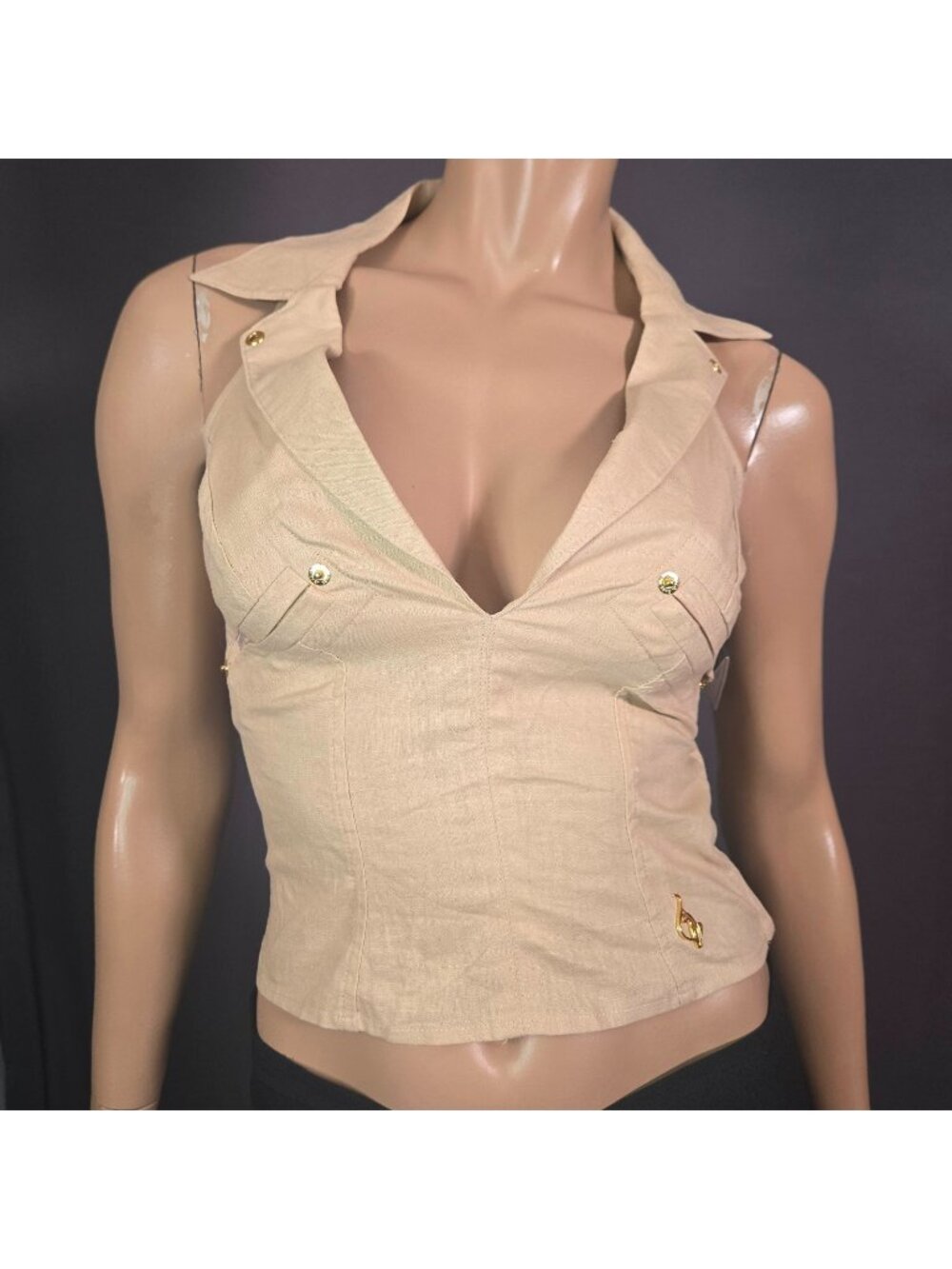 Y2K Deadstock Baby Phat XS Beige Cotton Linen Fitted Sleeveless Halter Top